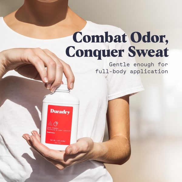 ⁦Duradry Body Powder - Sweat Defense & Odor Control, Sweat Absorbing, Anti-Chaffing, All Natural Powder, Talc-Free, Prevents and Eliminates Any Body Odor Naturally - Seabreeze, 4oz⁩ - الصورة ⁦2⁩