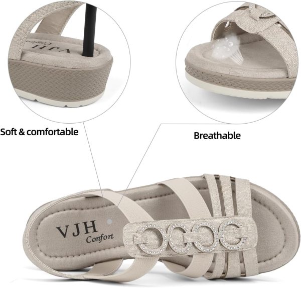 ⁦VJH confort Women's Flat Sandals Comfortable Rhinestone Dressy sandals Elastic Open toe Low Wedge Sandals for Summer⁩ - الصورة ⁦3⁩