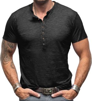 Men's Slub Henleys T-Shirt Short Sleeve Shirt Lightweight Top Relaxed Cotton Casual Top Buttons Placket Round Neck Shirts Tee Basic Tops Solid Henley Shirt
