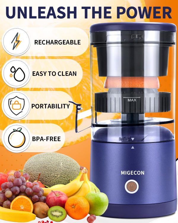 ⁦Migecon Electric Juicer Rechargeable - Citrus Juicer Machine with USB and Portable Juicer, Anti-Drip Function Juicer for Orange, Lemon, Grapefruit, Include Cleaning Brush (Dark Blue)⁩ - الصورة ⁦4⁩
