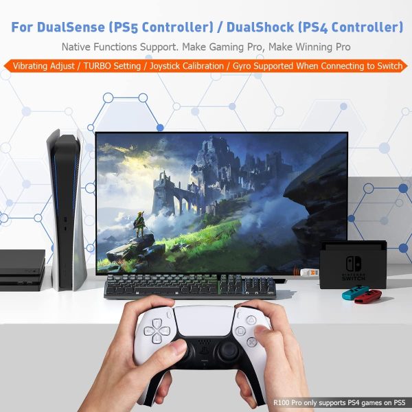 ⁦Controller Adapters, BIGBIG WON R100 Pro Wireless Adapter for Xbox One X|S Controller/Xbox Series X|S Controller/Elite Series 2/PS5/PS4/Switch Controller Playing on PS4/Switch/PC Windows11&10(1pc)⁩ - الصورة ⁦5⁩