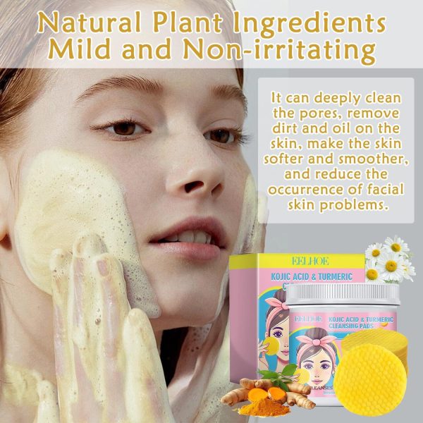 ⁦Azonee Kojic Acid and Turmeric Pads, 40PCS Turmeric Cleansing Pads, Deep Clean Pores Pads, Infused Cotton Exfoliating Pads, Turmeric Kojic Pads for Face, Helps Balance Skin Oil for All Skin Types⁩ - الصورة ⁦2⁩