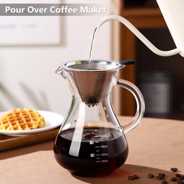 ⁦Azonee Pour Over Coffee Maker, 600ml Paperless Borosilicate Glass Carafe With Reusable Stainless Steel Permanent Filter - Clear Manual Dripper Brewer for Home Office⁩ - الصورة ⁦2⁩