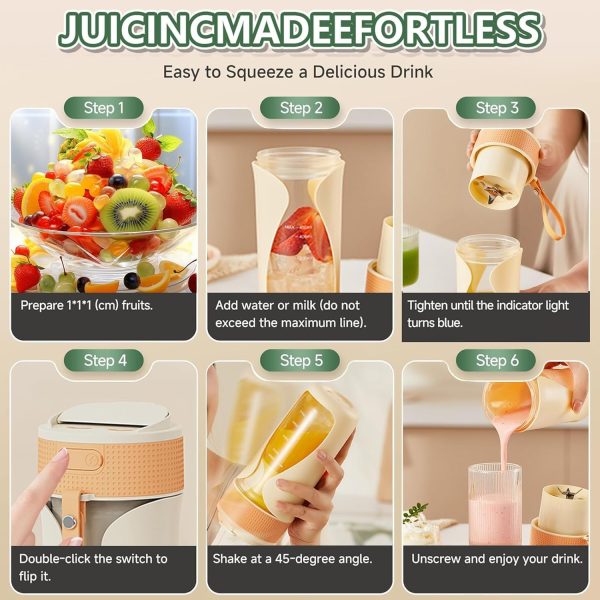 ⁦LeQQ Portable Blender Cup- 450ml Multi-Function Blender with Ice-Crushing,Strong Cutting Power with 6 Blades, USB Rechargeable,Fruit Veggie Juicer Cup for Home, Sport, Office, Camping (Green)⁩ - الصورة ⁦4⁩
