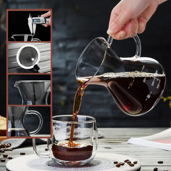 ⁦Azonee Pour Over Coffee Maker, 600ml Paperless Borosilicate Glass Carafe With Reusable Stainless Steel Permanent Filter - Clear Manual Dripper Brewer for Home Office⁩ - الصورة ⁦3⁩