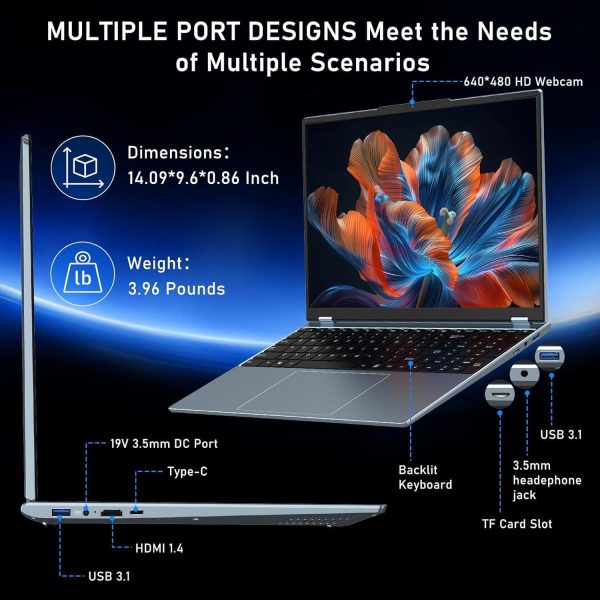 ⁦NAIKLULU Gaming Laptop,MX350 Graphics Laptop,16 Inch Laptop Computer,N95 4C/4T Processor(up to 3.4Ghz),16GB RAM 1TB SSD,16”FHD 1920 * 1200 Display,WiFi 5,BT4.0,Backlit Keyboard⁩ - الصورة ⁦5⁩