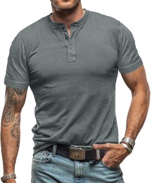 Men's Fashion Henley Shirts Casual Button Short Sleeve T-Shirt Classic Solid Color Lightweight Cotton Tee Tops