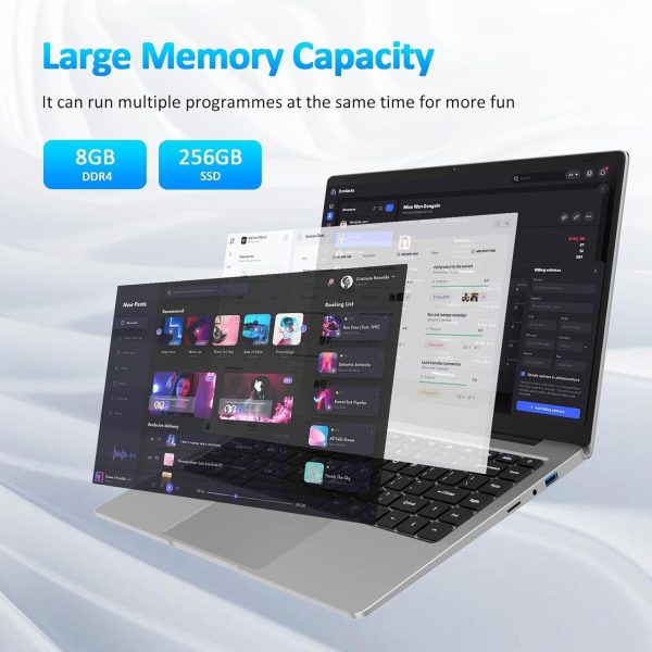 ⁦KurieTim 14.1 Inch Laptop, 8GB DDR4 RAM, 256GB M.2 SATA SSD, Laptops Computer with Quad-Core Celeron CPU J4125 (Up to 2.7GHz), 14.1" FHD IPS LCD Screen, WiFi, Webcam, USB-A x2, Mini HDMI, Silver⁩ - الصورة ⁦2⁩