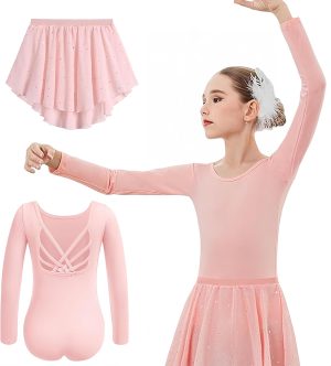 Trezalmyx Girls Ballet Leotard with Long Sleeve, Crisscross Back Dance Dress & Removable Shiny Skirt Combo for Kids