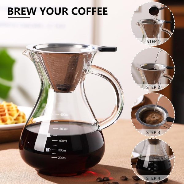 ⁦Azonee Pour Over Coffee Maker, 600ml Paperless Borosilicate Glass Carafe With Reusable Stainless Steel Permanent Filter - Clear Manual Dripper Brewer for Home Office⁩ - الصورة ⁦4⁩