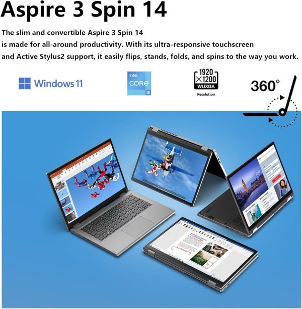 ⁦acer Aspire 3 Spin 14” Convertible Laptop, WUXGA 1920 x 1200 IPS Touch Display, Touchscreen 2-in-1 Laptop, Intel Core i3-N305 8GB LPDDR5 RAM 256GB SSD, Wi-Fi 6, Windows 11 Home, Pure Silver⁩ - الصورة ⁦2⁩