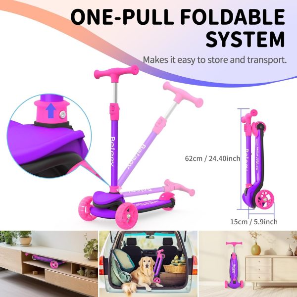 ⁦BELEEV A8 Scooter for Kids Ages 3-12, 3 Wheel Folding Scooter for Toddlers Girls Boys, LED Light-Up Wheels, 4 Adjustable Height, Lean to Steer, Extra Wide Wheels, Three Wheel Kick Scooter for Children⁩ - الصورة ⁦3⁩