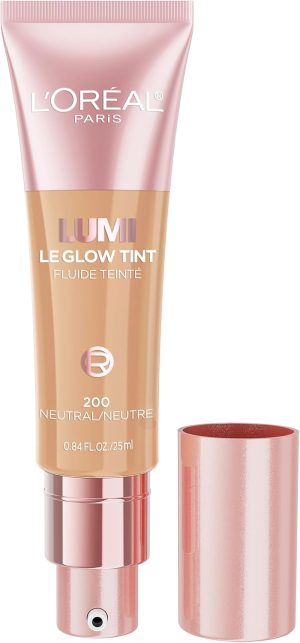 L’Oréal Paris Lumi Le Glow Skin Tint, Lightweight Water-Based Tinted Serum with Foundation-Like Coverage, Glow Illuminator, Neutral 200, 0.85 Fl Oz