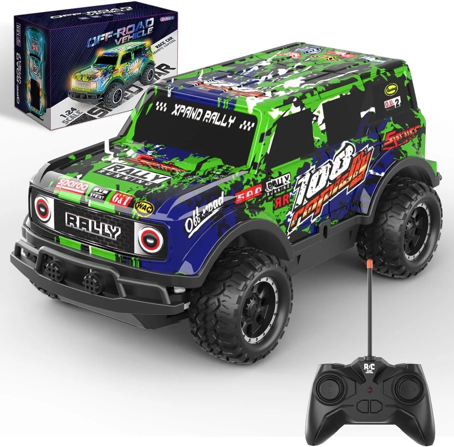 Remote Control Car, 1/24 Scale Light Up Racing Car Toys, RC Car for Kids with Cool Led Lights, Hobby RC Cars Toys Birthday Gifts for 3 4 5 6 7 8 Year Old Boys Girls (Y243 Green)