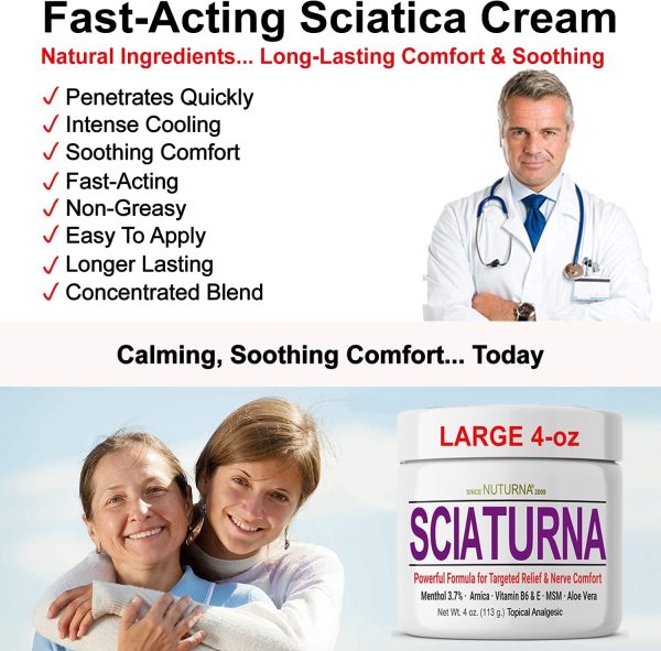⁦Sciatica Nerve Cream - Maximum Strength Comfort Cream for Feet, Hands, Legs, Toes, Back - Natural Ultra Strength Arnica, MSM, Menthol, Soothing Comfort, Large 4 Oz⁩ - الصورة ⁦2⁩