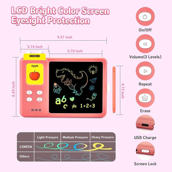 ⁦DMG TECH Audible Learning Toy, 224 PCS Talking Flashcards, Audible Flash Cards with Sound Effects, LCD Writing Tablet Educational Learning, Words Toys,Toddlers Birthday Gift for 2-7 Years Kids PINK⁩ - الصورة ⁦5⁩