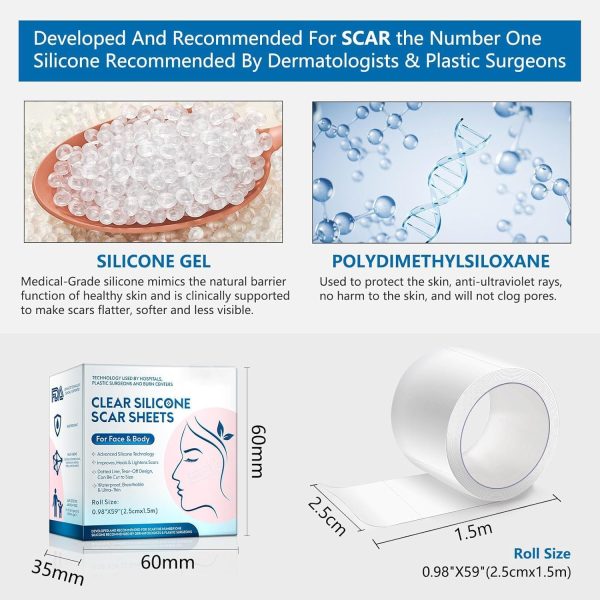 ⁦ALMEKAQUZ Silicone Scar Sheet, Scar Tape Roll (2.5CM*1.5M), Scars Hidder Strips, Professional Scar Removal Sheet for C-section, Surgery, Burns, Keloid, Acne⁩ - الصورة ⁦7⁩