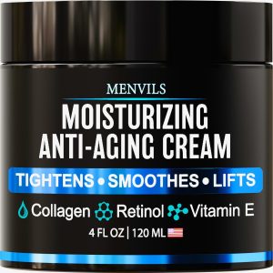 Menvils Mens Face Moisturizer Cream - Anti Aging & Wrinkle for Men with Collagen, Retinol, Vitamins E, Jojoba Oil - Face Lotion - Age Facial Skin Care - Eye Wrinkle - Day & Night - Made in USA, 4 oz