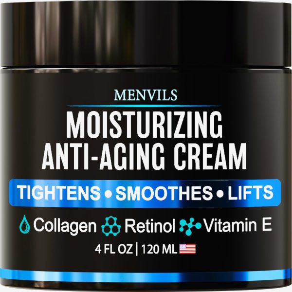 Menvils Mens Face Moisturizer Cream - Anti Aging & Wrinkle for Men with Collagen, Retinol, Vitamins E, Jojoba Oil - Face Lotion - Age Facial Skin Care - Eye Wrinkle - Day & Night - Made in USA, 4 oz