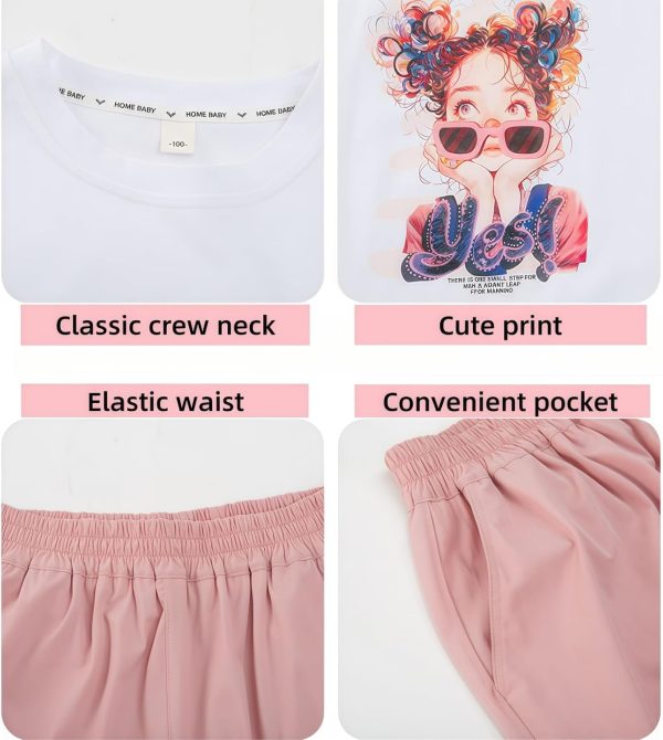 ⁦Summer casual two-piece set for girls, wide-leg pants and casual T-shirt, 5-16Y cute clothing, cool girl printed short-sleeved top + long pants, pink wide-leg pants⁩ - الصورة ⁦7⁩