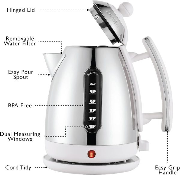⁦Dualit Lite Kettle - 1.5L Jug Kettle - Polished with Gloss White, High Gloss Finish - Fast Boiling Kettle by Dualit - 72015⁩ - الصورة ⁦5⁩