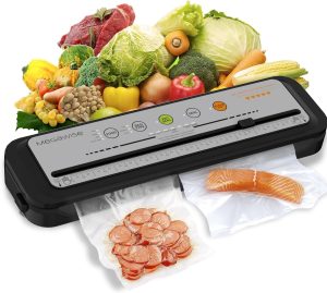 MEGAWISE 2023 Updated Vacuum Sealer Machine, Food Sealer w/Starter Kit, Dry & Moist Food Modes, Compact Design with 10 Vacuum Bags & Bulit-in Cutter(Grey)