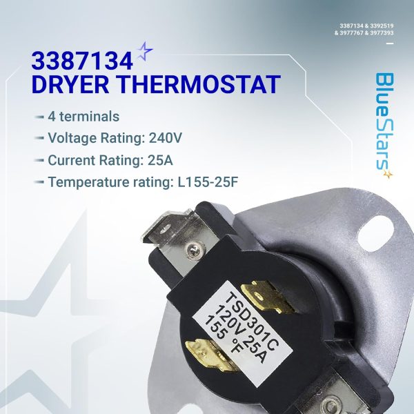 ⁦BlueStars [LIFETIME WARRANTY] 3387134 Cycling Thermostat 3392519 Dryer Thermal Fuse 3977393 Thermal Cut-off Switch 3977767 High-limit Thermostat Kit - Compatible with Whirlpool Kenmore Maytag Dryers⁩ - الصورة ⁦4⁩
