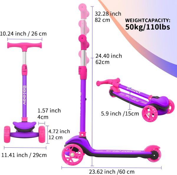 ⁦BELEEV A8 Scooter for Kids Ages 3-12, 3 Wheel Folding Scooter for Toddlers Girls Boys, LED Light-Up Wheels, 4 Adjustable Height, Lean to Steer, Extra Wide Wheels, Three Wheel Kick Scooter for Children⁩ - الصورة ⁦8⁩