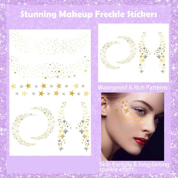 ⁦Glitter Freckles Face Stickers, Glitter Freckles, Gold Faces Makeup Patches, Sparkle Makeup Patches, Waterproof Face Glitters Speckles Stickers for Women, Metallic Gold Silver Temporary Stickerss 5Pcs⁩ - الصورة ⁦4⁩