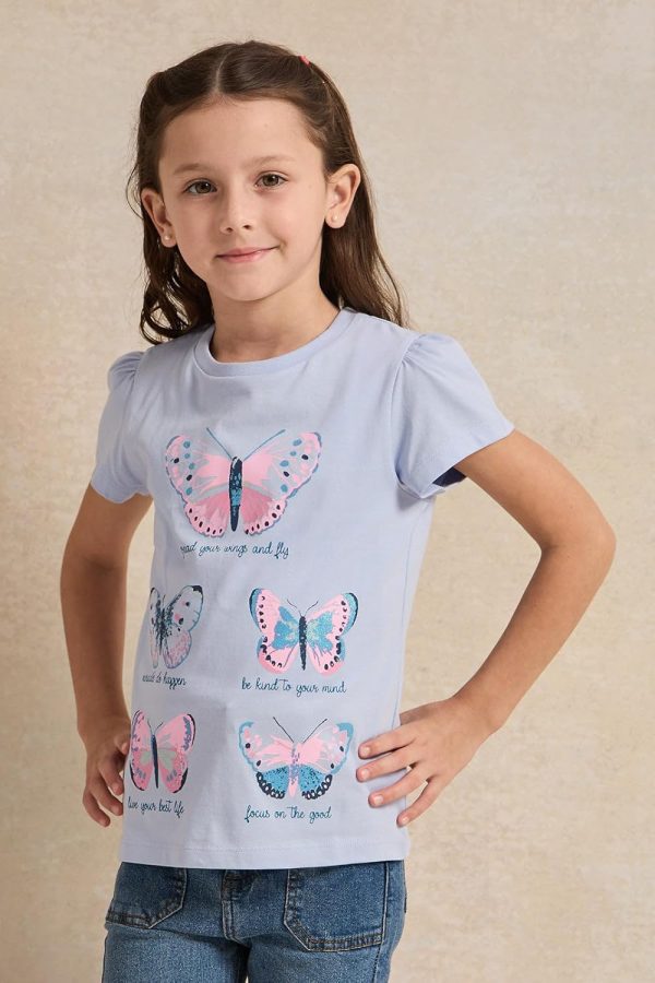 ⁦REDTAG Girls Blue Butterfly Print T-Shirt⁩ - الصورة ⁦2⁩
