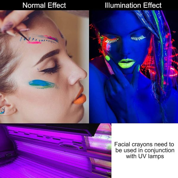 ⁦Face Paint Crayons Glow, 12 Colors Glow in The Black Face & Body Paint Crayons, Neon Blacklight Glow Body Makeup Fluorescent Face Paints for Kids Adult, Neon Face Paint Crayons for Halloween Carnival⁩ - الصورة ⁦4⁩