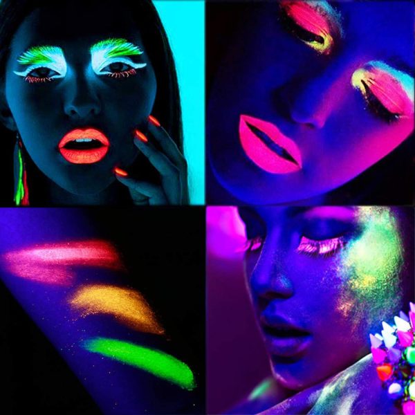 ⁦Glow in the Dark Makeup, Face Body Paint Neon, UV Glow in the Dark, Matte, and Glitter, 24 Colors Highly Pigmented Eyeshadow Kit with 4 Brushes for New Year Face Body Makeup Non-Toxic & Smudgeproof⁩ - الصورة ⁦3⁩