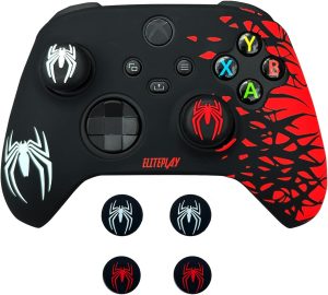 ElitePlay Black and Red Spider Anti-Slip Silicone Cover Skin for Xbox Controller, Soft Rubber Case for Xbox Series X, Series S and Xbox One Wireless Controller With 2 Sets Thumb Grips