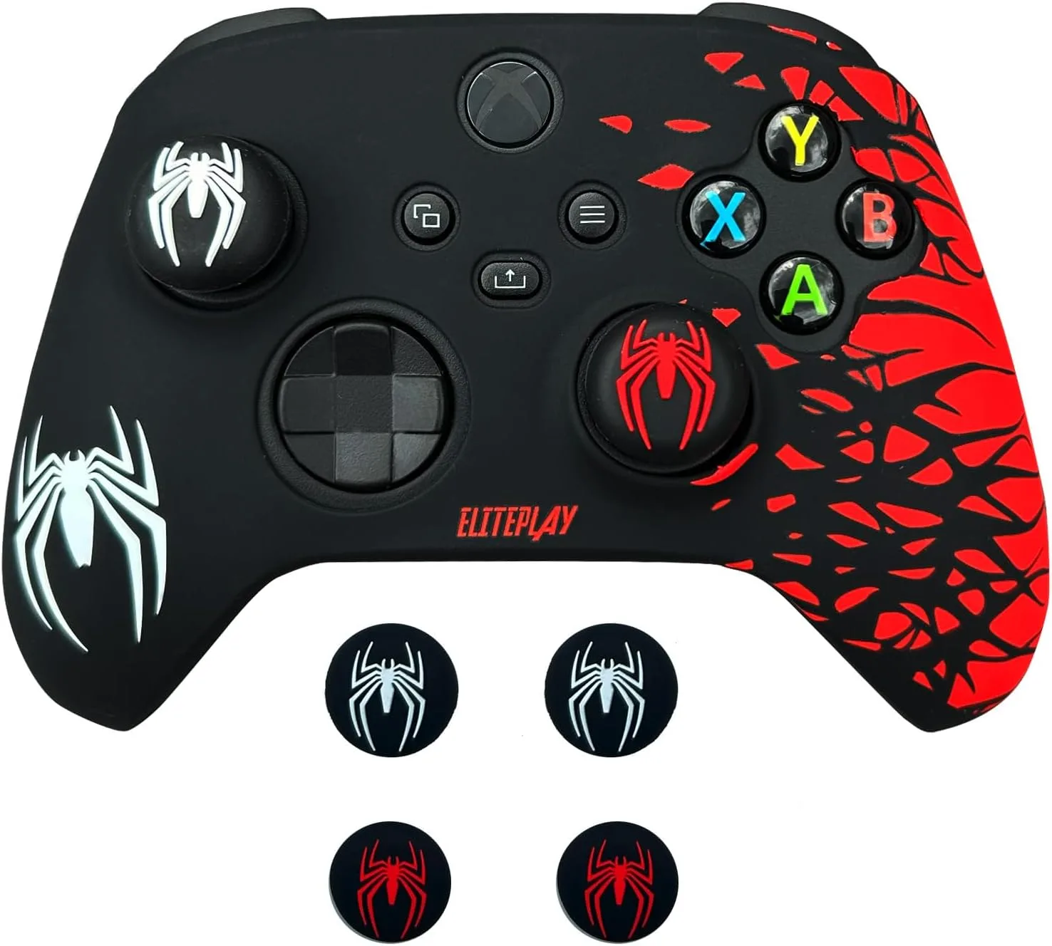 ElitePlay Black and Red Spider Anti-Slip Silicone Cover Skin for Xbox Controller, Soft Rubber Case for Xbox Series X, Series S and Xbox One Wireless Controller With 2 Sets Thumb Grips