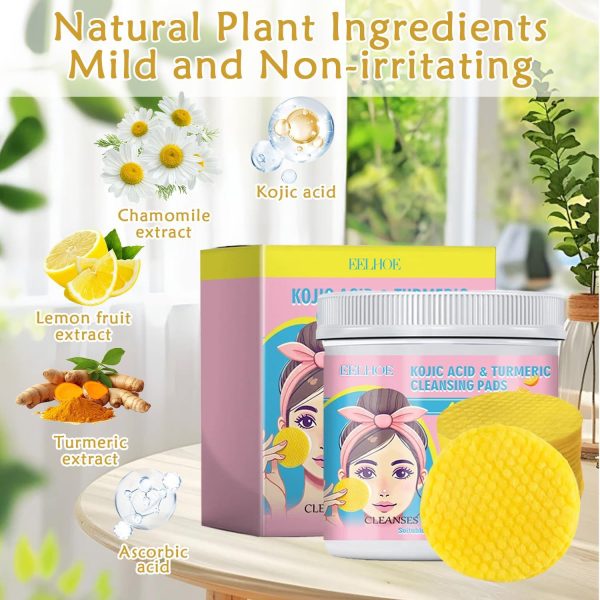 ⁦Azonee Kojic Acid and Turmeric Pads, 40PCS Turmeric Cleansing Pads, Deep Clean Pores Pads, Infused Cotton Exfoliating Pads, Turmeric Kojic Pads for Face, Helps Balance Skin Oil for All Skin Types⁩ - الصورة ⁦3⁩