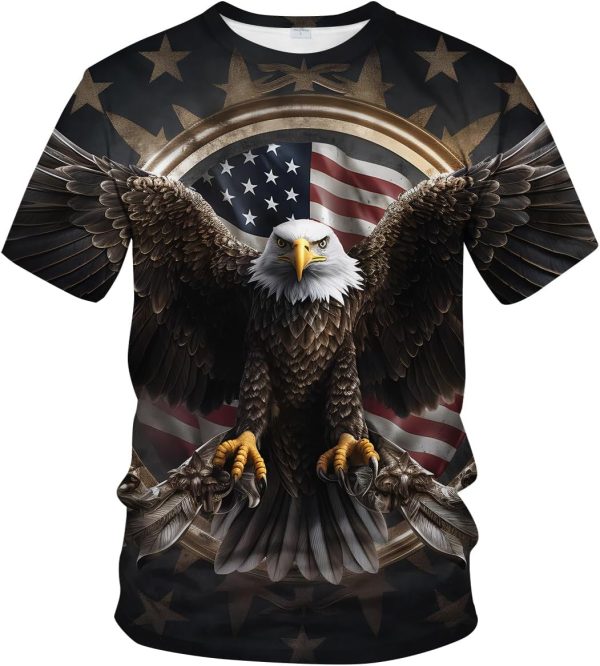 ⁦Liohans Vintage American Flag Animal Shirt T-Shirts Gorgeous Eagle Mountains Men Tee Top⁩ - الصورة ⁦4⁩