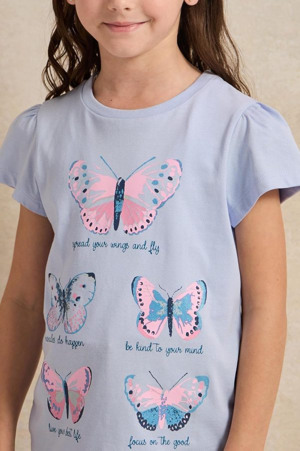 ⁦REDTAG Girls Blue Butterfly Print T-Shirt⁩ - الصورة ⁦5⁩