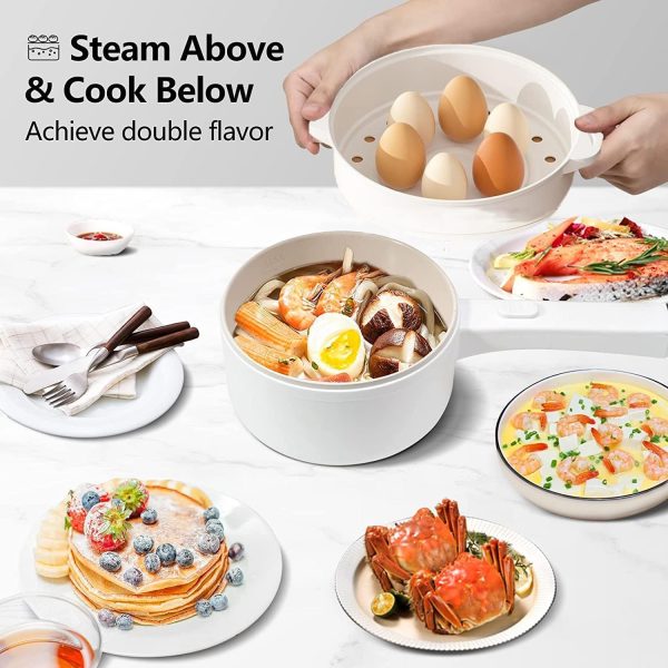 ⁦Mylindde 2L Electric Hot Pot with Steamer & Temperature Control, Non-Stick Electric Cooker Shabu Shabu, Electric Skillet, Frying Pan, Electric Saucepan, for Noodles, Egg, Steak, Oatmeal and Soup⁩ - الصورة ⁦6⁩