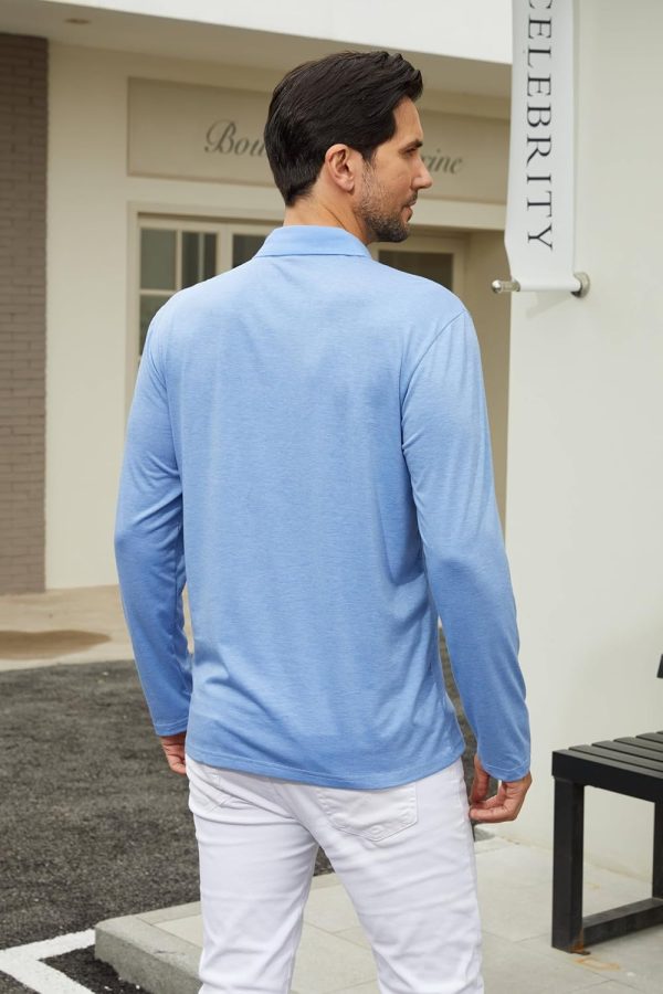 ⁦Men's Casual Polo Shirts Classic Button Basic Long Sleeve Shirt Solid Color Cotton Tees Stylish Tops⁩ - الصورة ⁦4⁩