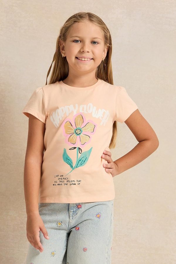 ⁦REDTAG Girls Orange Happy Flower Printed T-Shirt⁩ - الصورة ⁦2⁩