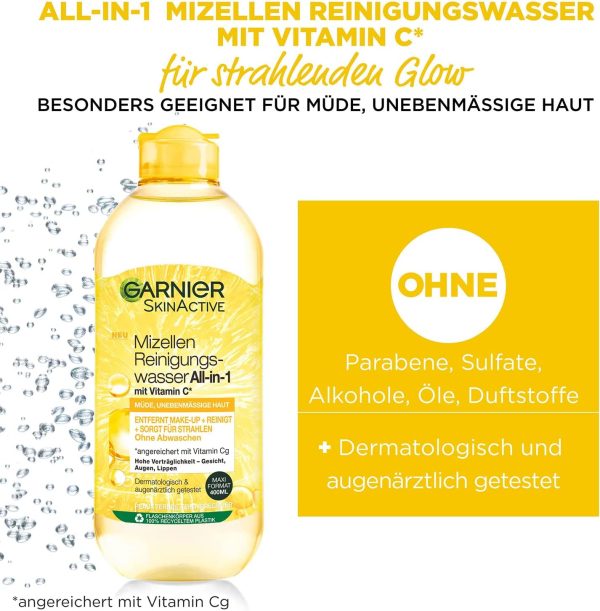 ⁦Garnier All-in-1 Micellar Cleansing Water with Vitamin C for a Radiant Complexion, Make Up Remover and Facial Cleansing for Tired Skin, Skin Active, 1 x 375 ml⁩ - الصورة ⁦4⁩