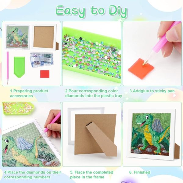 ⁦5D Diamond Art Kit for Kids, with Wooden Frame, Cartoon Diamonds Art Easy Kits, Small Anime Diamonds Painting Full Drill Diamond Art Gem Painting for Girls Boys Beginners, Home Wall Decor (Dinosaur)⁩ - الصورة ⁦4⁩