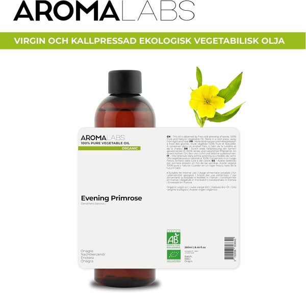 ⁦Aroma Labs ORGANIC - EVENING PRIMROSE Oil - 250mL - 100% Pure, Natural, Cold Pressed and AB Certified - (French Brand)⁩ - الصورة ⁦2⁩
