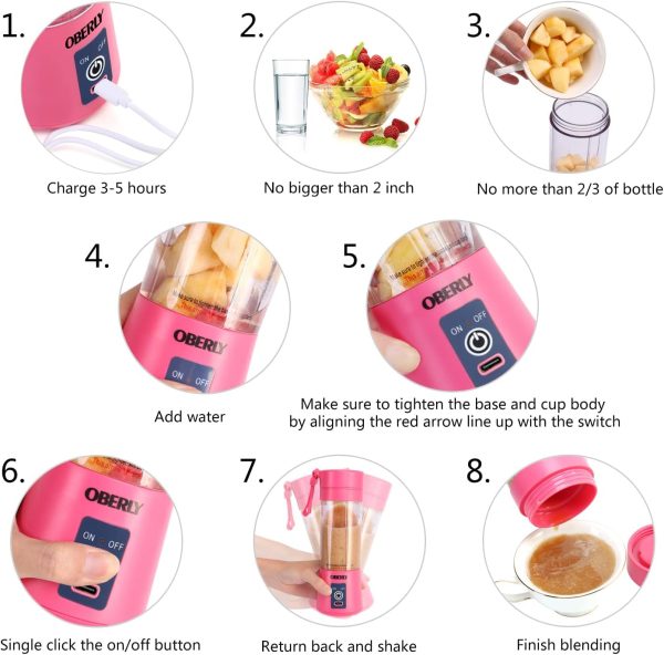 ⁦OBERLY Portable Blender, Smoothie Juicer Cup - Six Blades in 3D, 13oz Fruit Mixing Machine with 2000mAh USB Rechargeable Batteries, Ice Tray, Detachable Cup⁩ - الصورة ⁦8⁩