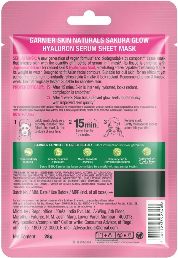 ⁦Garnier Skin Naturals Face Serum Sheet Mask (2 Each Of Light Complete, Charcoal, Sakura, Hydrabomb and Hydrabomb ) 421g (Pack of 10)⁩ - الصورة ⁦13⁩
