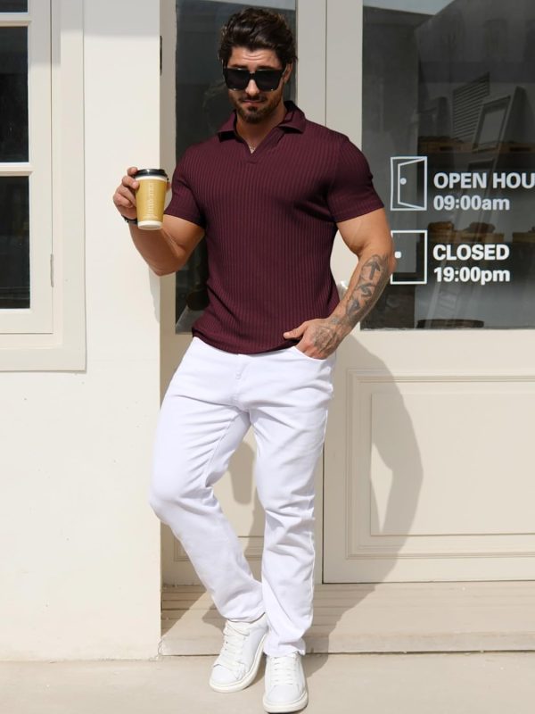 ⁦YTD Men's Muscle V Neck Polo Shirts Slim Fit Solid Short Sleeve Golf T-Shirts Ribbed Knit Soft Tees⁩ - الصورة ⁦4⁩