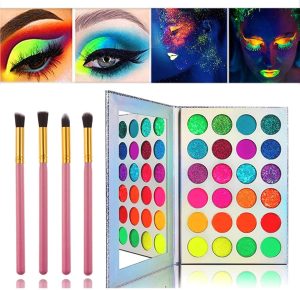 Glow in the Dark Makeup, Face Body Paint Neon, UV Glow in the Dark, Matte, and Glitter, 24 Colors Highly Pigmented Eyeshadow Kit with 4 Brushes for New Year Face Body Makeup Non-Toxic & Smudgeproof