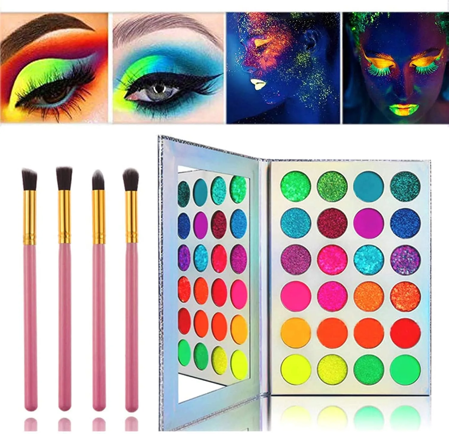 Glow in the Dark Makeup, Face Body Paint Neon, UV Glow in the Dark, Matte, and Glitter, 24 Colors Highly Pigmented Eyeshadow Kit with 4 Brushes for New Year Face Body Makeup Non-Toxic & Smudgeproof