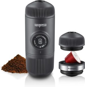 WACACO Nanopresso Portable Espresso Machine with NS Adapter, Compatible with NS Capsules and Ground Coffee, Manual Travel Coffee Machine Set, Perfect for Camping