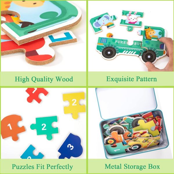 ⁦Wooden Puzzles for Kids, 6 Pack Vehicle Jigsaw Puzzle Toy, Varying Degree of Difficulty Educational Learning Tool with Storage Box, Traveling Games Gift for 3 Year Old Girls & Boys Toddler Children⁩ - الصورة ⁦3⁩